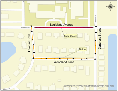 map of detour from colonial to woodland to congress