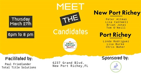 Yellow background with meet the candidates, date, time and individual candidate names listed