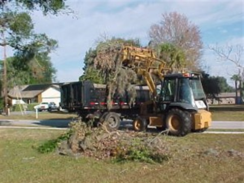 Front end loader dumping yard debris into the bed of a large truck parked in the street. Large brush pile is visible in the foreground.