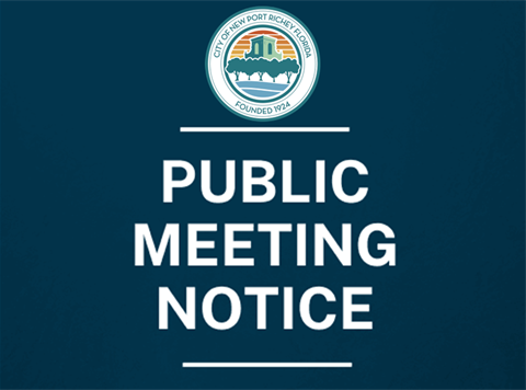 public meeting notice with city logo and blue background