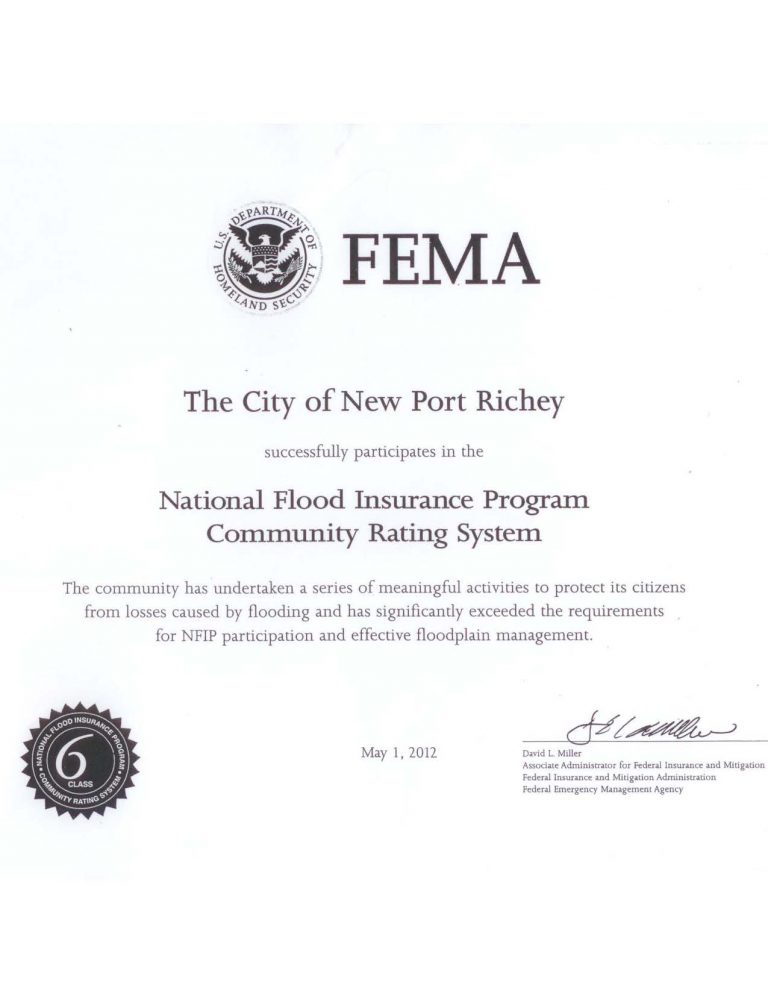 2012 National Flood Insurance Program CRS Class 6 Certificate