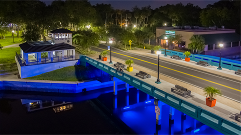 Nighttime main street bridge