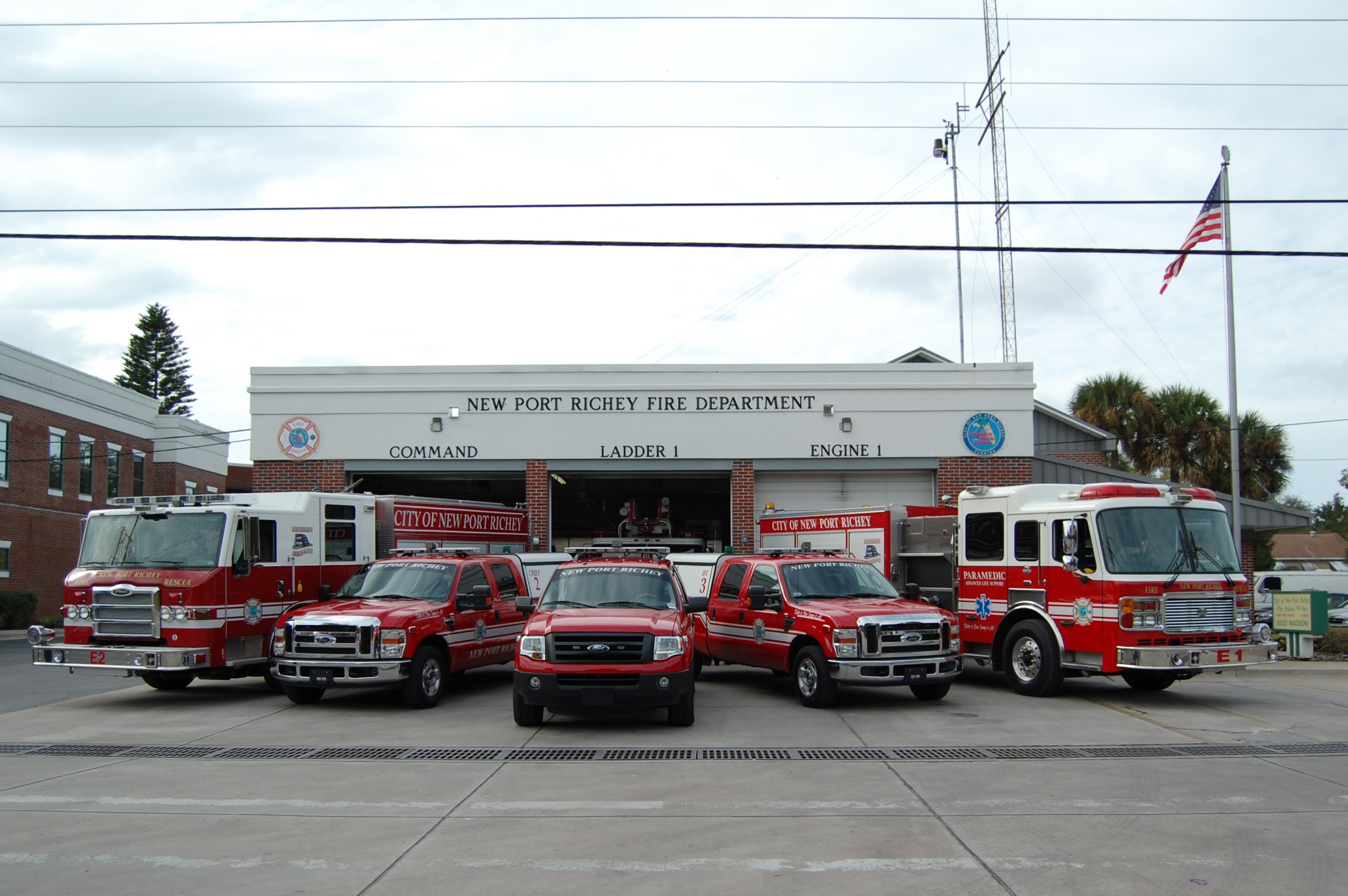New Port Richey Fire Station Number One on Madison Street by City Hall, exterior shot of emergency vehicles